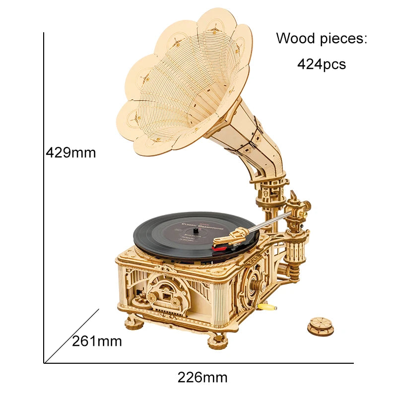 Robotime ROKR DIY Hand Crank Classic Gramophone Wooden