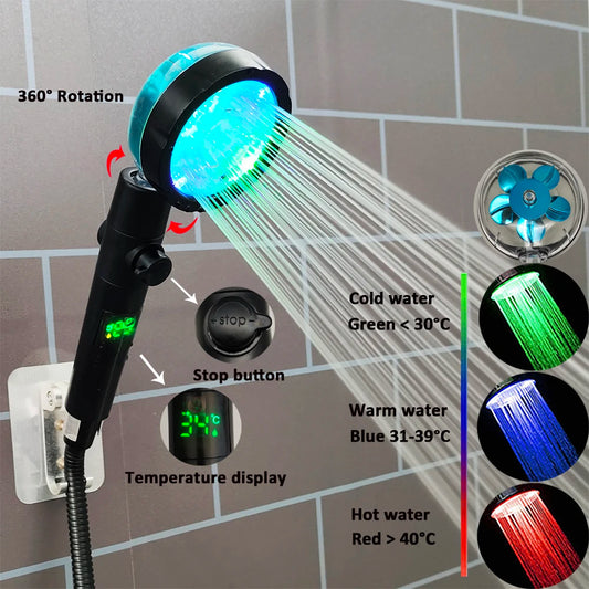 3/7 Colors Changes Temperature Display Led Shower Head Turbo