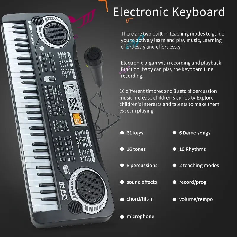 Kids Keyboard with Microphone, Kids Piano Keyboard for Beginners Electronic Piano with 61 Keys Music Toy Keyboards for Ages 3-12