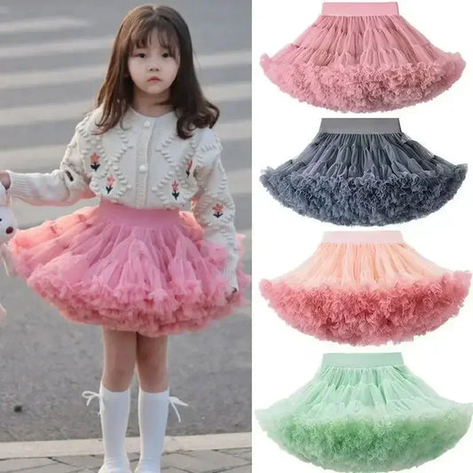 1-8T Lace Skirt Girls Fluffy Chiffon Pettiskirt Solid